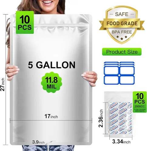 Vista 5 de Bolsas Mylar de 5 galones para almacenamiento de alimentos: paquete de 10 bolsas gruesas de larga duración con absorbentes de oxígeno, bolsa
