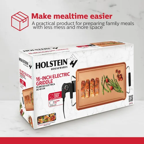 Vista 9 de Holstein Housewares Plancha eléctrica de 16 pulgadas, revestimiento antiadherente Healthy-Eco y sin humo, gran superficie de cocción para hacer