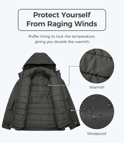 Vista 4 de Wantdo Chaqueta cálida de invierno con capucha para hombre, abrigo impermeable para snowboard
