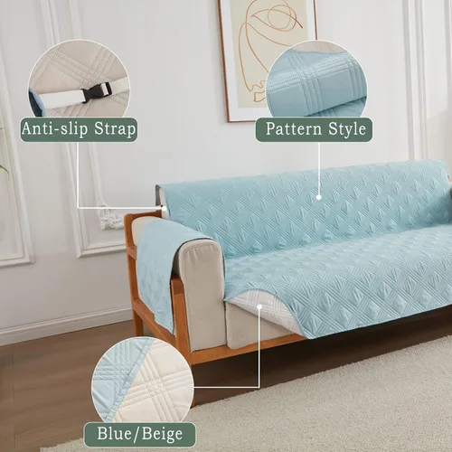 Vista 3 de Qubjus Funda de sofá de 2 plazas Revesible para sofá de 2 cojines, lavable, protector de muebles con correas elásticas para perros, mascotas, niños