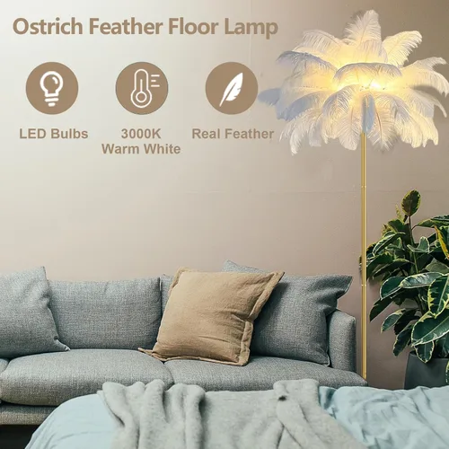 Vista 2 de Lámpara de pie de avestruz natural moderna para sala de estar, lámpara de pie LED con interruptor de pie, acabado dorado, elegante pantalla