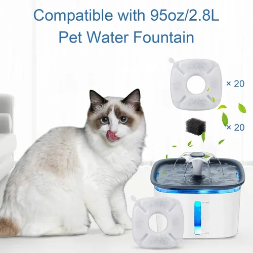 Vista 2 de SORON Filtro de fuente de agua para gatos, compatible con filtros de repuesto para fuente de mascotas veken de 95 onzas / 2.8 L, 20 esponjas y 20