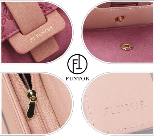 Vista 3 de FT Funtor Carteras RFID para mujer, billetera triple para mujer con bolsillo con cremallera para monedas, de cuero vegano, monedas, bolsillo