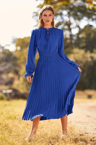Vista 3 de PRETTYGARDEN Womens 2024 Fall Long Sleeve V Neck Swiss Dot Pleated A Line Flowy Dresses