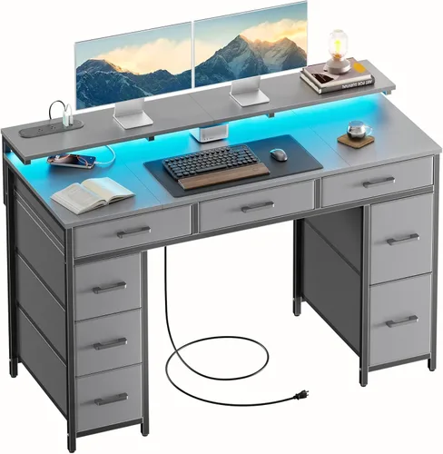 Vista 8 de HLDIRECT Escritorio de computadora de 47 pulgadas con 8 cajones de almacenamiento, escritorio para juegos con luces LED y tomas de corriente USB