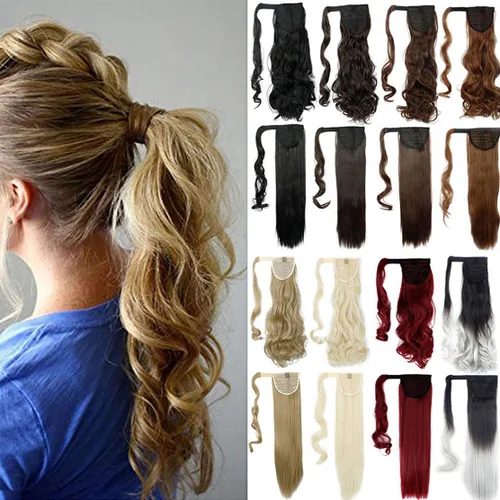 Vista 9 de Lelinta Extensión de cola de caballo rizada ondulada de 18 pulgadas para mujer, extensión de pelo sintético rubio ceniza mezcla Giner