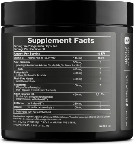 Vista 6 de Toniiq Suplemento NAD+ 1500mg - Suplemento NAD de Ultra Alta Potencia con Ingredientes Clínicamente Estudiados con RiaGev-WS™ Patentado, Resveratrol
