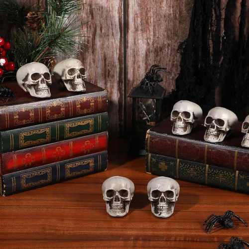 Vista 5 de NUOBESTY 18 piezas de mini cráneo modelo de calavera de plástico, decoraciones de esqueleto, decoración de hueso, accesorios de broma, cabezas