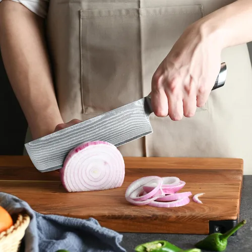 Vista 6 de Cuchillo Damasco Nakiri, cuchillo de cocina profesional de 7 pulgadas con mango ergonómico de madera antideslizante, japonés 10Cr15CoMoV, cuchillo