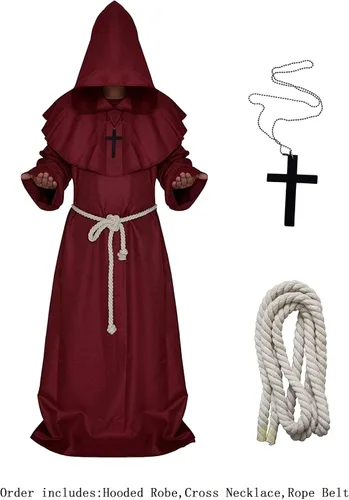 Vista 3 de Disfraz de monje renacentista medieval con capucha tipo Fraile, disfraz de cosplay.