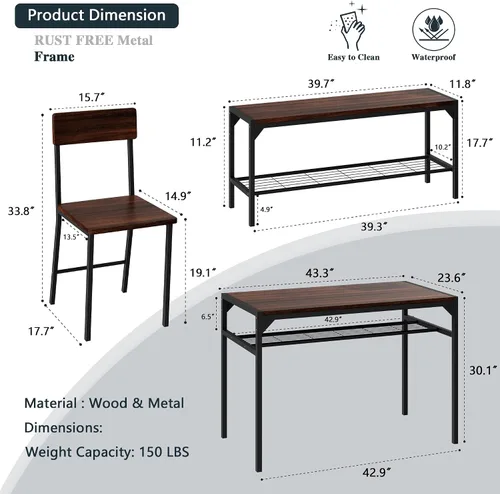 Vista 3 de SUNLEI Mesa de comedor para 4 personas con 2 sillas y un banco de almacenamiento, juego de mesa de cocina pequeño con estante para vino, escritorio