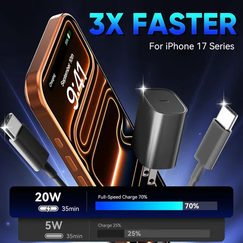 Vista 3 de Cargador para teléfono 17, 16, 15 Pro, carga rápida, 20 W, USB C, bloque de carga rápida con cargadores tipo C de 6.6 pies de largo, cable de carga