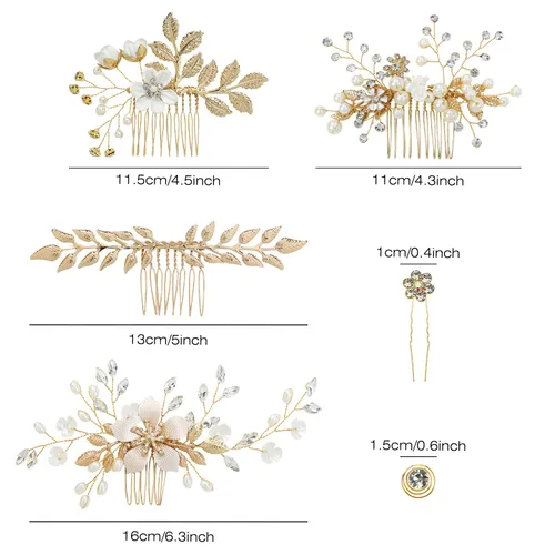Vista 7 de inSowni 36 Pack Horquillas para el pelo de novia con flores doradas y hojas, peines laterales para el pelo de novia+pinzas para el pelo