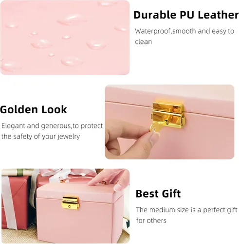 Vista 4 de MUEUSS Caja organizadora de joyas para niñas y mujeres, regalo ideal, joyero portátil de viaje con espejo y cerradura para collar, aretes, anillos