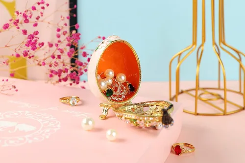 Vista 12 de Cajas de joyería con forma de huevo de Pascua azul con bisagras con diamantes de imitación en forma de amor, esmalte de regalo para mujeres
