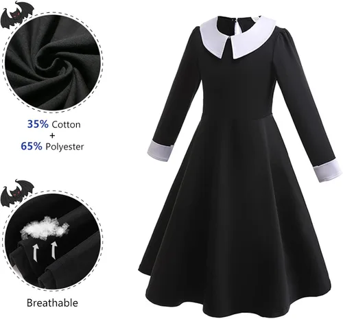 Vista 5 de AmzManch Wednesday Addams Dress Girls Cosplay Addams Family Costume Kids Black Gothic Dresses Halloween Party Dress Up Outfit