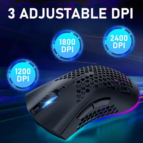 Vista 4 de Ratón inalámbrico ligero para juegos con 7 botones, retroiluminación RGB múltiple, carcasa ergonómica perforada, sensor óptico ajustable, DPI