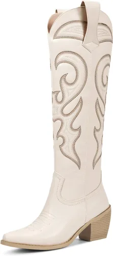 Vista 13 de wetkiss Botas vaqueras para mujer, hasta la rodilla, botas vaqueras para mujer, con diamantes de imitación, cómodas, a la moda, altas y brillantes