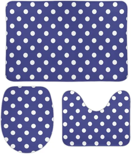 Vista 11 de Juego de 3 alfombras de baño con diseño de lunares, color azul aguamarina, antideslizante, con contorno en forma de U y tapa de inodoro