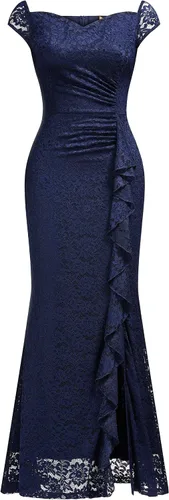 Vista 4 de MISSMAY Vestido largo de noche formal con cuello en V para mujer, estilo vintage, con volantes, encaje floral