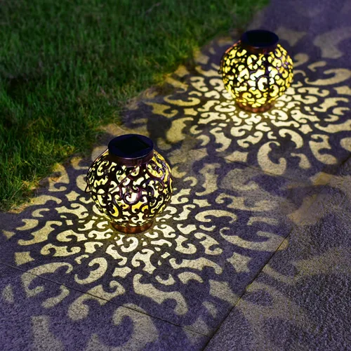 Vista 7 de Paquete de 2 faroles solares grandes para exteriores, impermeables, de metal, para jardín, patio, árbol, mesa, decoración de paisaje (marrón)