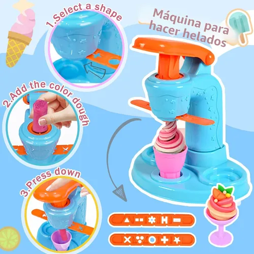 Vista 2 de Crelloci Juego de creaciones de cocina de masa de colores 3 en 1, máquina para hacer helados, espaguetis y hamburguesas, juguetes de modelado