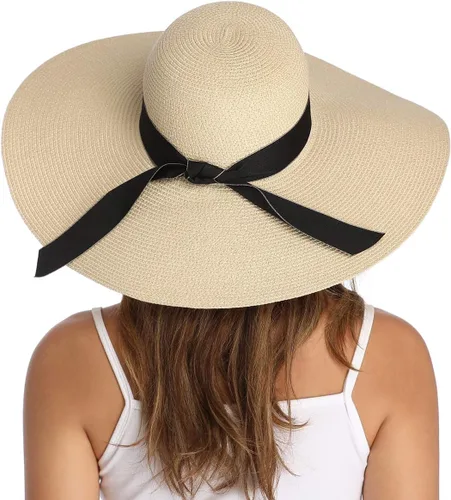 Vista 12 de Lanzom - Sombrero de paja con ala ancha para mujer, plegable, enrollable, de playa, con protección solar UPF 50+ Beige