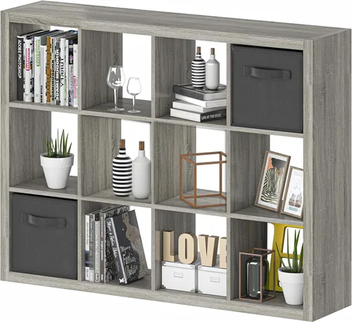 Vista 29 de Estantería con contenedor de almacenamiento, organizador de almacenamiento de 6 cubos, estantería abierta de madera moderna, estante de cubículos