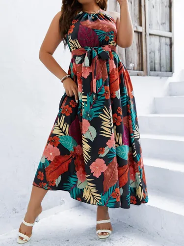 Vista 5 de Floerns Vestido largo de línea A para mujer, talla grande, estilo bohemio, sin mangas, cuello halter, lazo en la espalda
