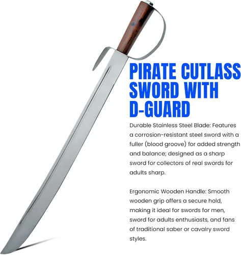 Vista 3 de SZCO Supplies - Espada pirata Cutlass de 31 pulgadas con D-Guard, espada de sable pirata con hoja de acero inoxidable, espiga completa, mango
