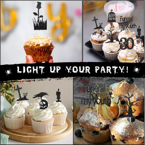 Vista 7 de Roowest 48 adornos para cupcakes de los años 20 con purpurina de Death to My Twenties Rip to My 20, decoraciones de fiesta de cumpleaños de 30 años