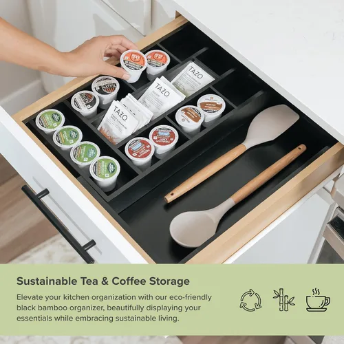 Vista 5 de KitchenEdge Organizador de cajón de cocina para bolsitas de té y cápsulas de café, expandible de 9.7 a 17 pulgadas, 10 compartimentos de Negro Bambú