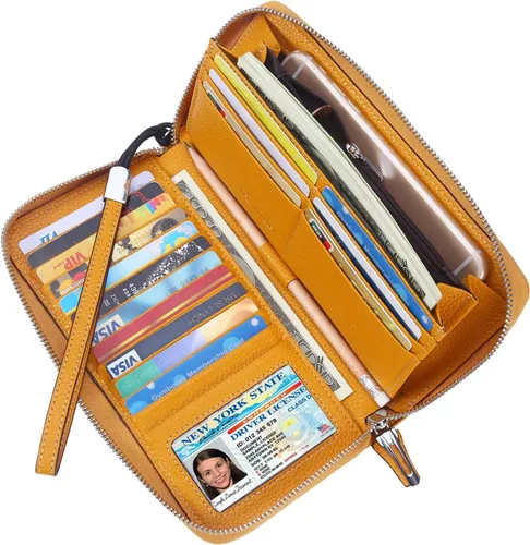 Vista 33 de Lavemi Pequeña cartera compacta para mujer, con bloqueo RFID, de piel auténtica, plegable, con ventanas de identificación
