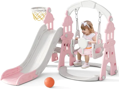 Vista 11 de XJD - Juego de tobogán y columpio 5 en 1 para niños pequeños, tobogán para niños de 1 año en adelante, juego de exterior para niños pequeños con aro