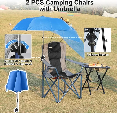 Vista 6 de Paquete de 2 sillas de camping con paraguas ajustable, silla de césped plegable con respaldo de bandera estadounidense, silla de camping acolchada