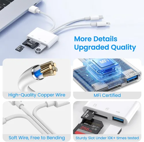 Vista 6 de Lector de tarjetas SD para iPhone, iPad, Mac, USB-C, Lightning y USB-A 3 en 1, adaptador MicroSD/SD, lector de tarjetas de memoria USB C Plug & Play