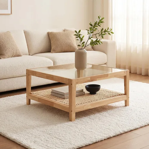 Vista 7 de Honyee Mesa de café redonda moderna, 78 cm x 78 cm x 41 cm con tapa de cristal templado para sala de estar, Color: Madera natural