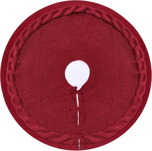 Vista 2 de yuboo - Falda de árbol de Navidad de 48 pulgadas, rojo burdeos, falda de árbol de Acción de Gracias y Navidad de punto, falda rústica para árbol