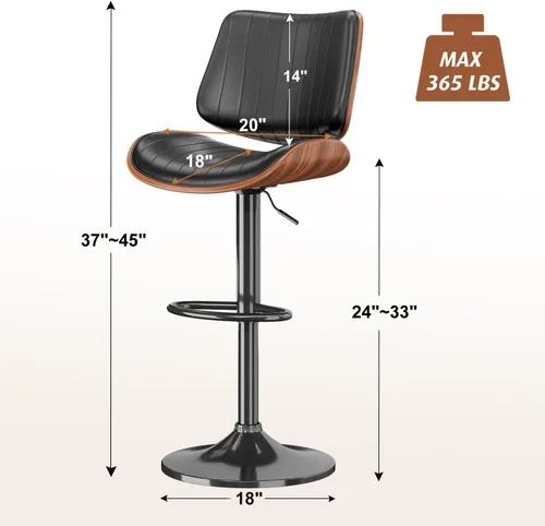 Vista 3 de Juego de 1 taburetes de bar giratorios de madera curvada ajustables para encimera de cocina, moderna silla de bar tapizada de piel sintética