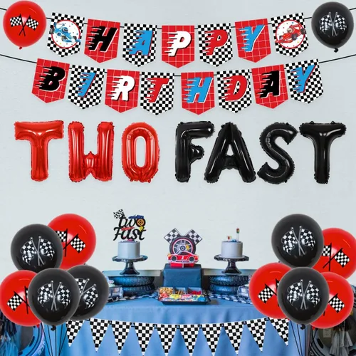 Vista 2 de Sursurprise Suministros para fiesta de 2º cumpleaños de coche de carreras, dos globos rápidos, decoración de pastel, pancarta de feliz cumpleaños