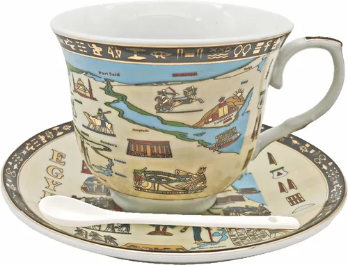 Vista 9 de Juego de taza de café egipcia y platillo, tazas de gato negro egipcio para capuchino latte juego de taza de té de 8.2 oz/8.1 fl oz, taza de cerámica
