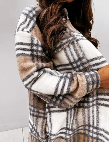 Vista 5 de Omoone Abrigo largo clásico de lana con botones para mujer, chaqueta de tartán con bolsillos