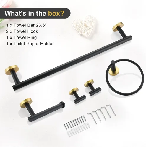Vista 8 de TQKAG Juego de accesorios de baño negro y dorado de 5 piezas, juego de toalleros redondos de acero inoxidable de 23.6 pulgadas para baño montado