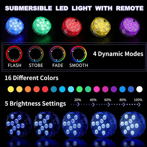 Vista 4 de Hortsun Paquete de 4 luces LED sumergibles con control remoto impermeable para piscina, luz LED subacuática que funciona con pilas, lámpara