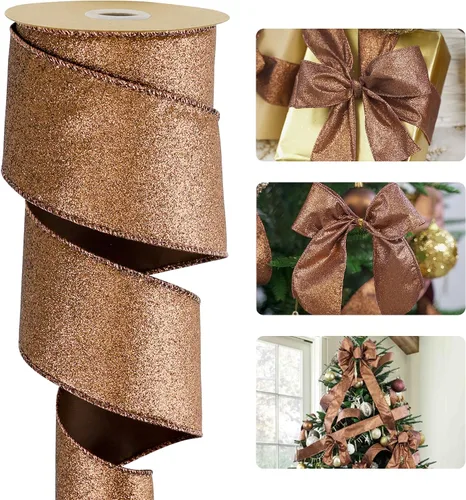 Vista 10 de HUIHUANG - Cinta de Navidad de champán con alambre, cinta metálica con purpurina brillante de 2-1/2", para árbol, lazos, suministros para coronas