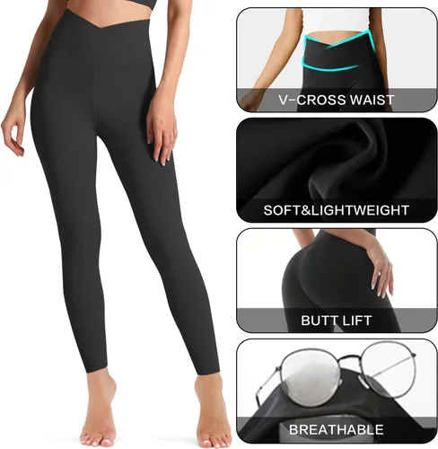Vista 5 de Leggings de cintura cruzada en V para mujer, con control de abdomen, suaves, de cintura alta, no se transparentan, pantalones de yoga negros