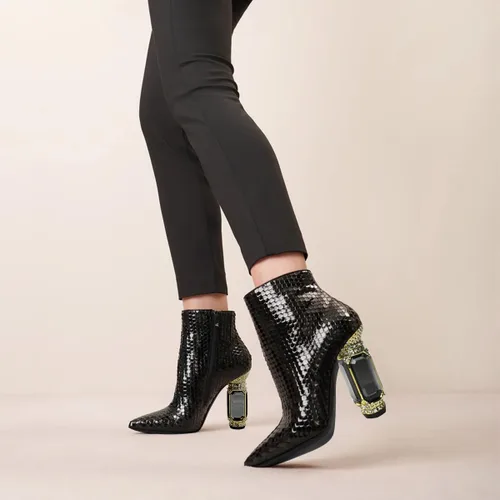 Vista 63 de FSJ Botas de tacón alto con punta puntiaguda para mujer, con tacón alto, con cremallera lateral brillante, estilo casual, para uso diario, zapatos