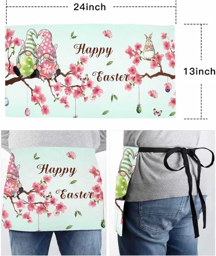 Vista 6 de Delantal de camarera floral con bolsillos, diseño floral de huevo de Pascua, conejo, cintura de mosca, media cocina, barbacoa, parrilla, chef