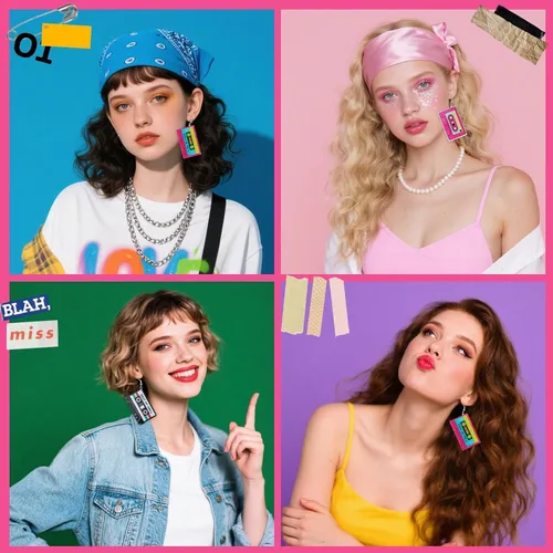 Vista 7 de Aretes de los años 70, 80 y 90 para mujer, aretes retro de cinta de cassette acrílica, aretes colgantes para Halloween, cosplay, fiesta brillante