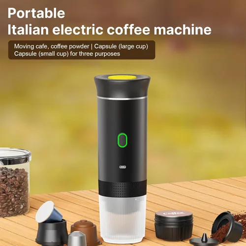 Vista 2 de Decdeal Cafetera inalámbrica para el coche, hogar, viajes, cafetera eléctrica 3 en 1, funciona con cápsulas y café molido de 15 bares, mini cafetera